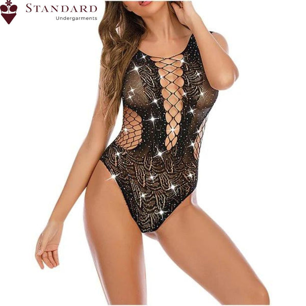 Ikevan Women's Leaf Pattern Hot Diamond Fishnet Tights Bag Hip Bikini Mesh Bodysuit