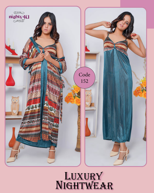 3pc Printed Silk Gown Nightwear